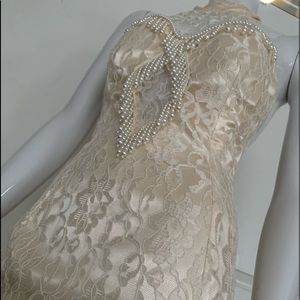 Elegant 90s Ivory-beige halter top embellished w/ faux pearls, custom *Size 0